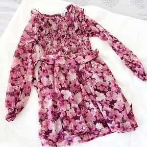 Speechless girls rose floral print burgundy metallic long sleeve smocked dress 7
